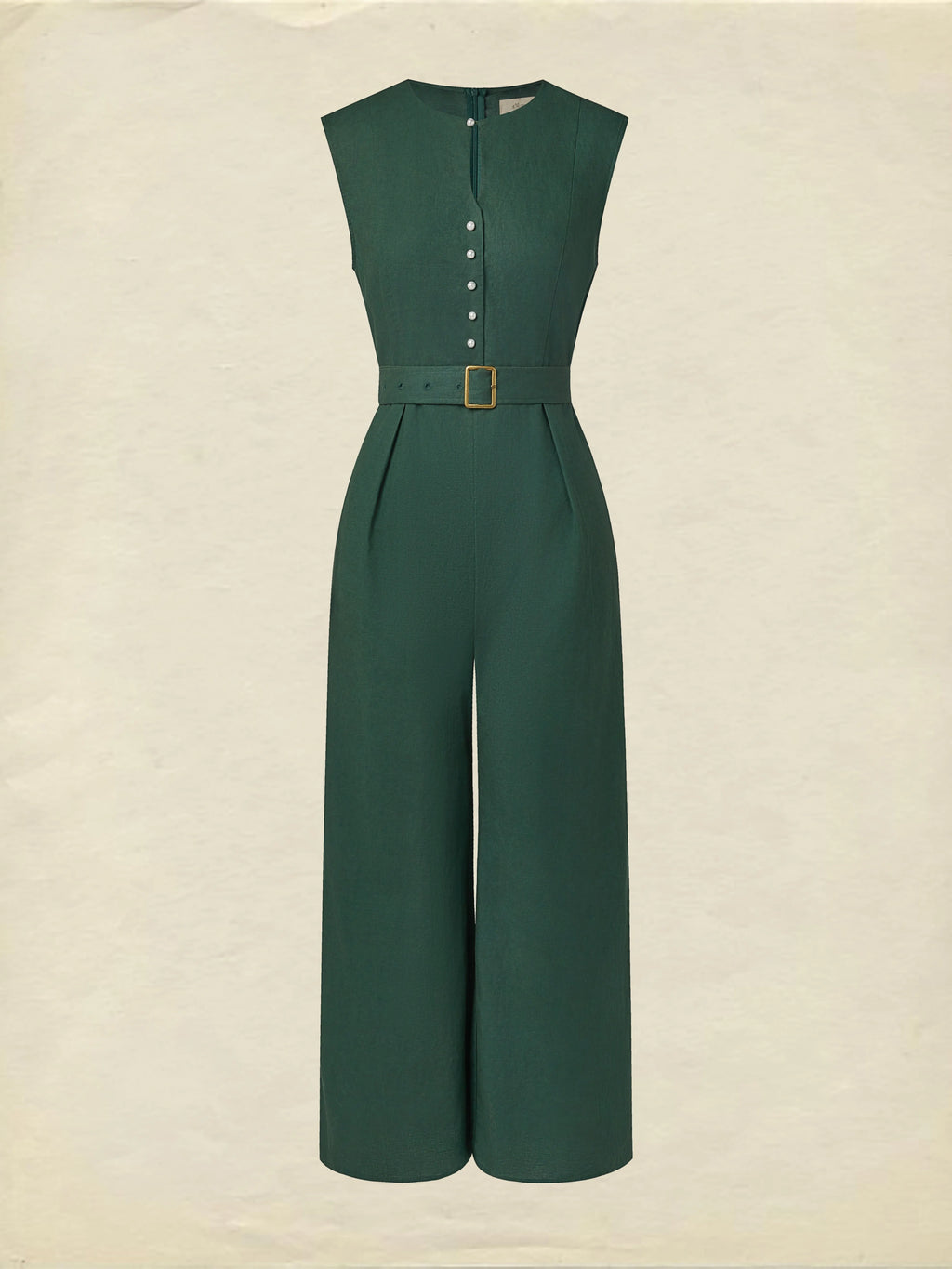 Linen Jumpsuit , Sleeveless, V Neck, Plain, Button Design, Vintage, Green