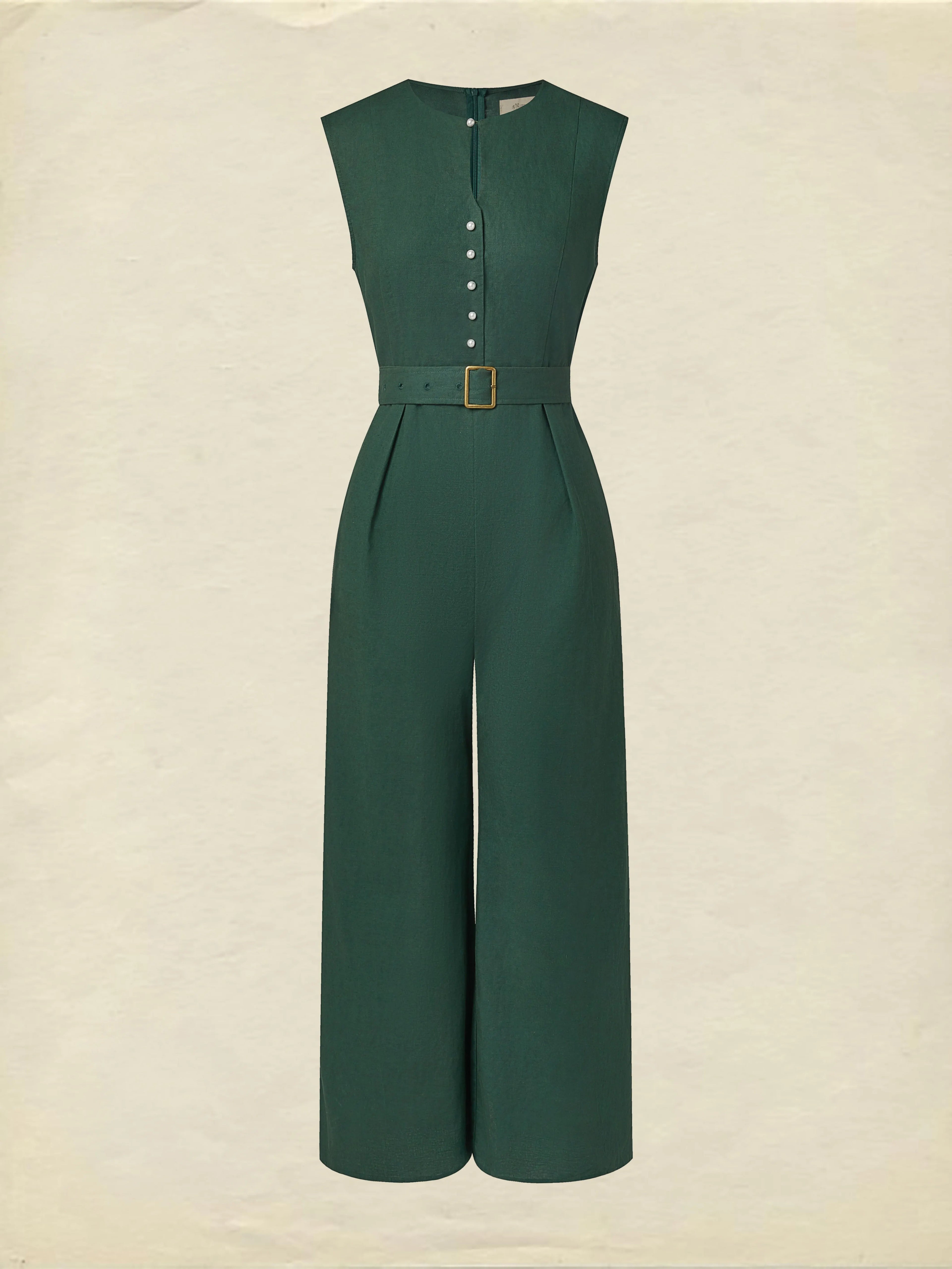 Linen Jumpsuit , Sleeveless, V Neck, Plain, Button Design, Vintage, Green