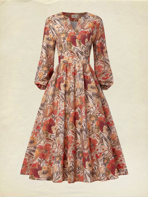 Midi Linen Dress, Long Sleeves, V Neck, Floral, Pocket Design, Vacation, Vintage, Yellow Brown