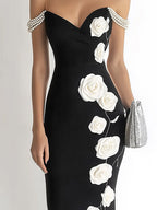 Chic Black Satin One side Rose Print Pearl Straps Dress