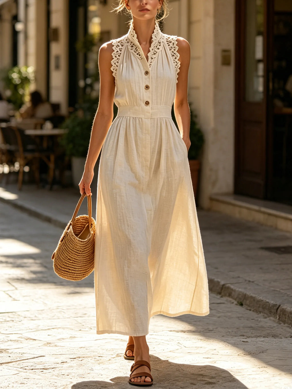 Beige Linen-Blend Lace Trim Sleeveless Button-Front Maxi Dress