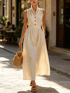 Beige Linen-Blend Lace Trim Sleeveless Button-Front Maxi Dress