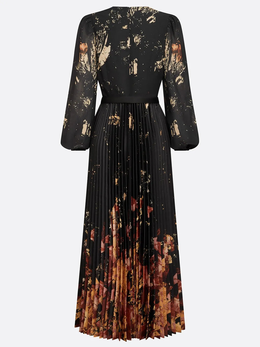 Black Floral Chiffon V Neck Long Sleeve Balloon Sleeve A-Line Maxi Dress