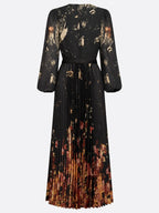 Black Floral Chiffon V Neck Long Sleeve Balloon Sleeve A-Line Maxi Dress