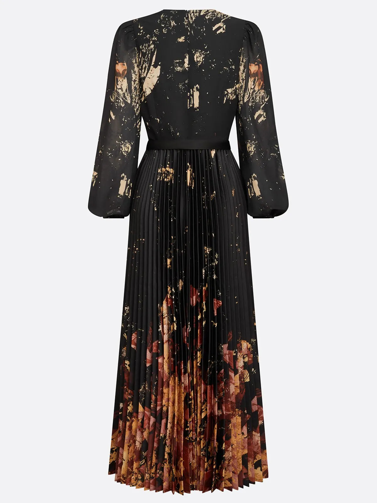 Black Floral Chiffon V Neck Long Sleeve Balloon Sleeve A-Line Maxi Dress