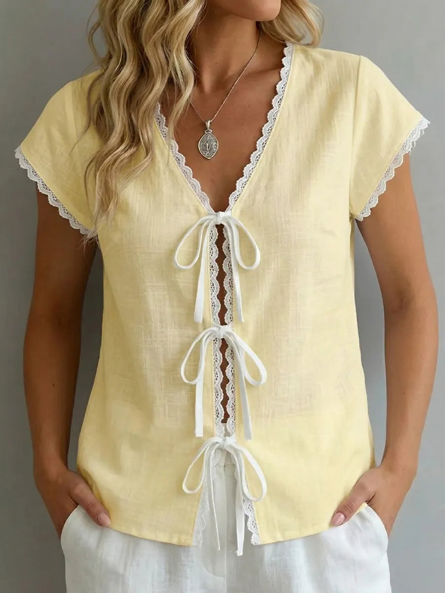 Color-block Short-sleeve Laces Top
