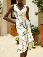 Off White Printing Asymmetric Satin V Neck Sleeveless Mermaid Midi Dress