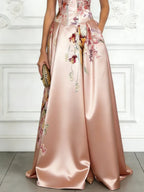 Pink Floral Satin Strapless Sleeveless A-Line Gown Dress