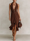 Chocolate Brown Cotton-Linen Blend Halter Neck Zip-Front Ruffle Midi Dress