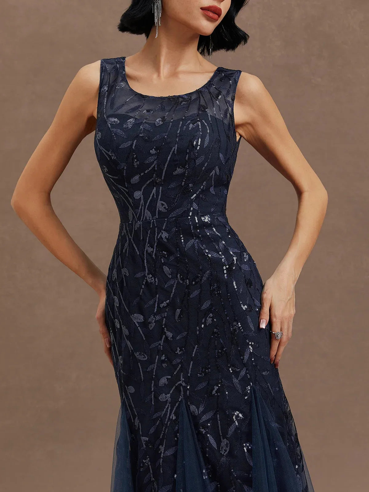 Purplish Blue Sequin Crew Neck Sleeveless Sheath Maxi Mother of the Bride or Groom Dress