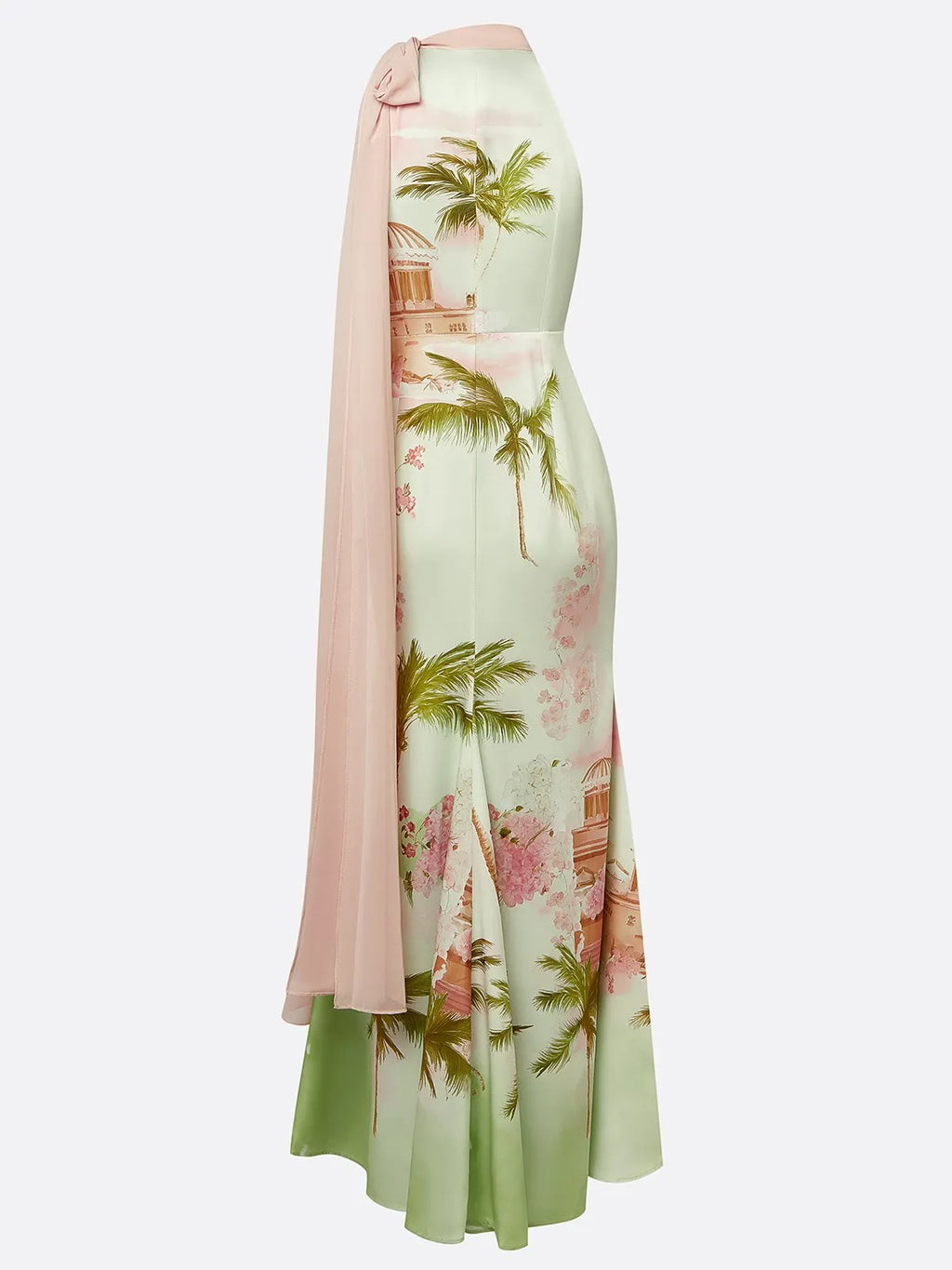 Green Floral Satin Halter Neck Sleeveless A-Line Gown Dress