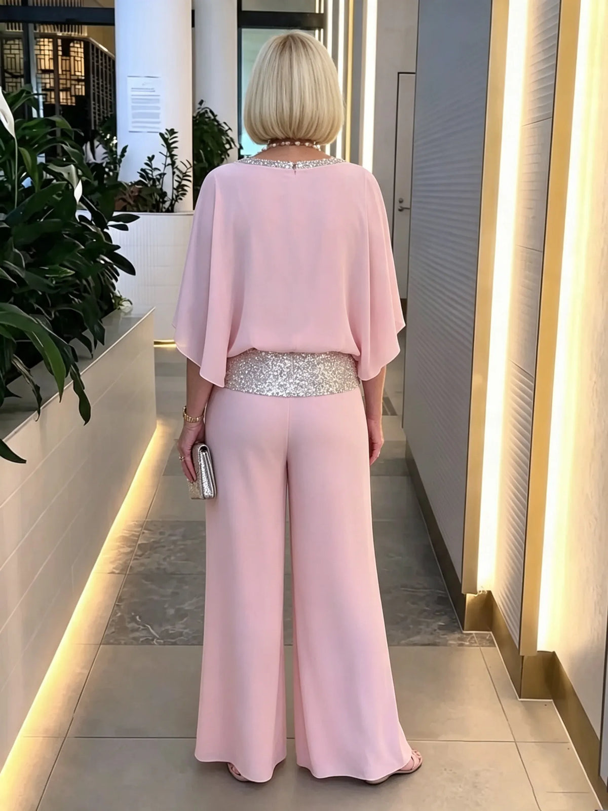 2Pcs Shine Bright Pink Gorgeous Outfit with Sequins Wedding Tunic Party Suit  Chiffon Opaque Soft Fabric Two Piece Set