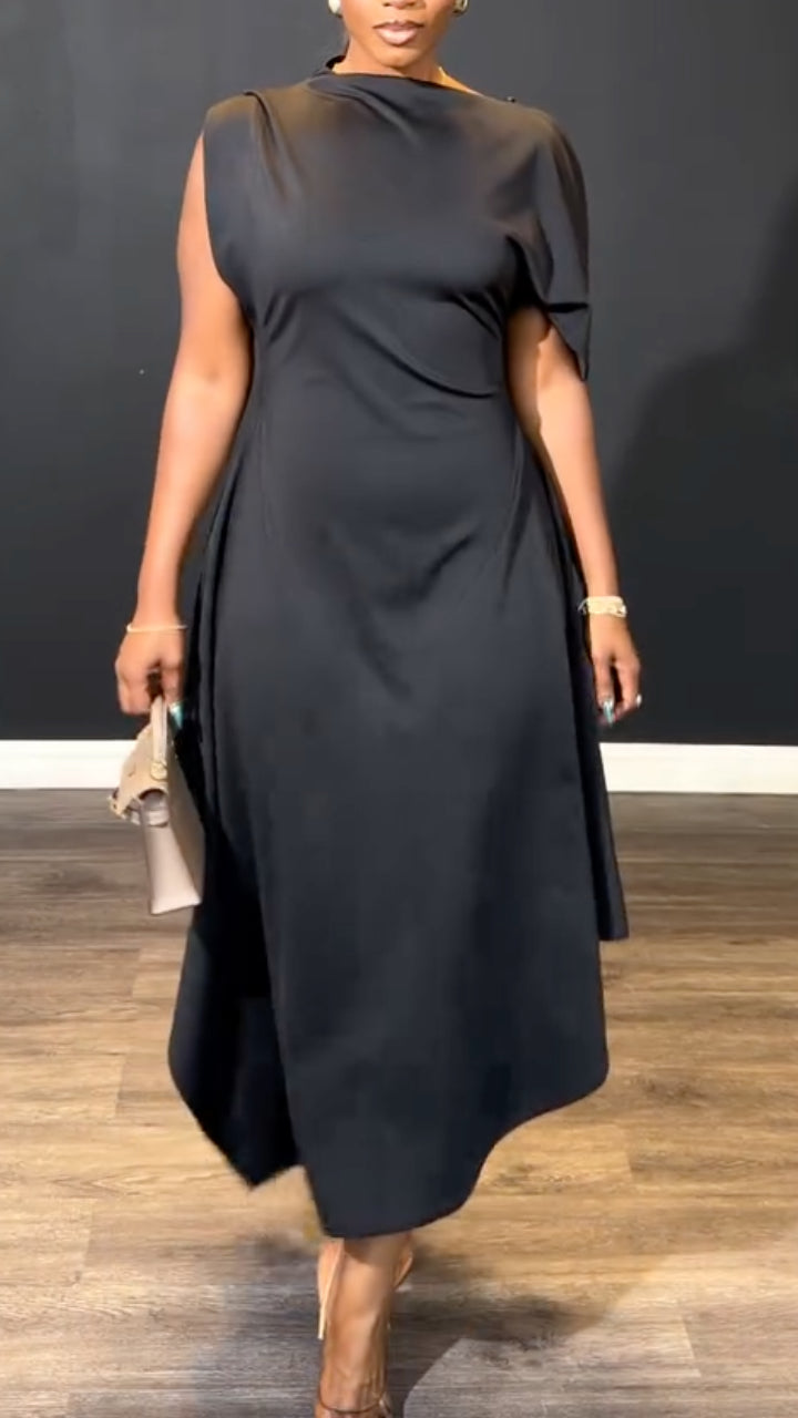 Black Draped Sleeveless Midi Dress