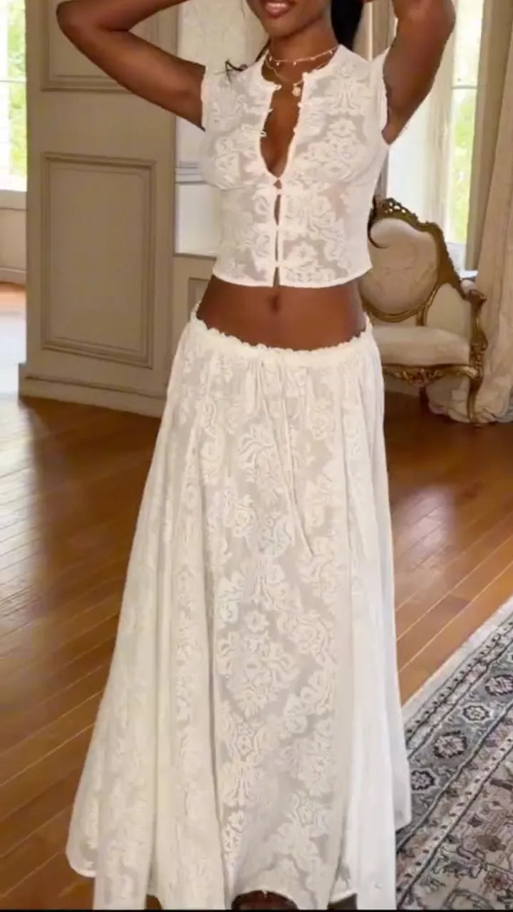 Vintage White Lace Sleeveless Two Piece Maxi Skirt Set