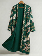 Men's Retro Crane Art Print Linen Long Kimono