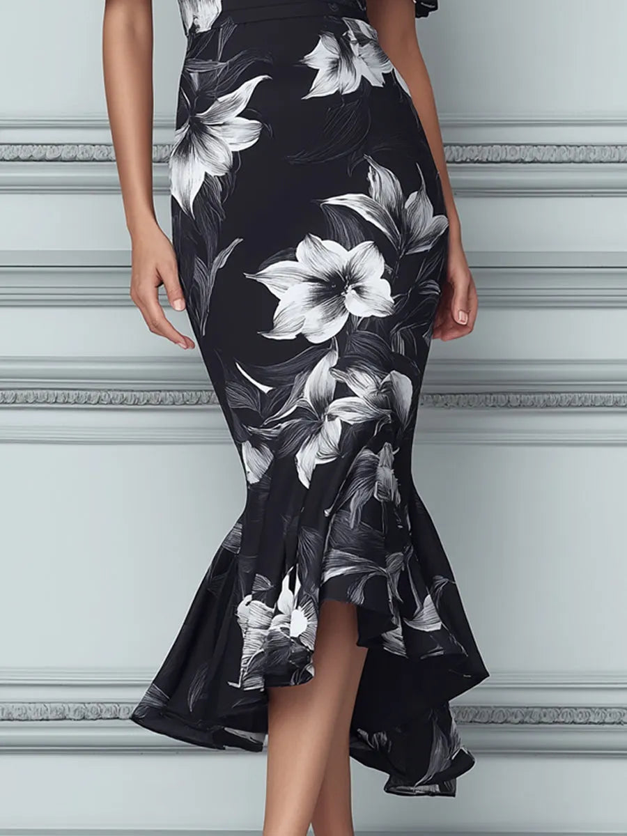 Black And White Floral Off-the-Shoulder Ruffled Midi Dress