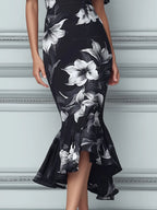 Black And White Floral Off-the-Shoulder Ruffled Midi Dress