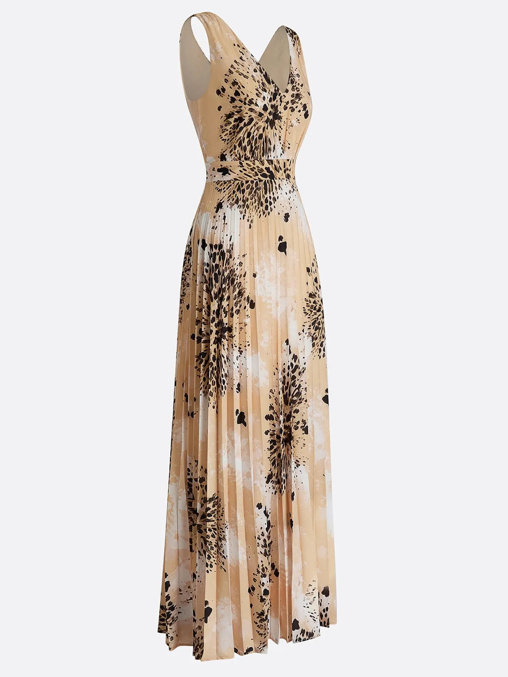 Apricot Pleated Floral Chiffon V Neck Sleeveless A-Line Maxi Dress