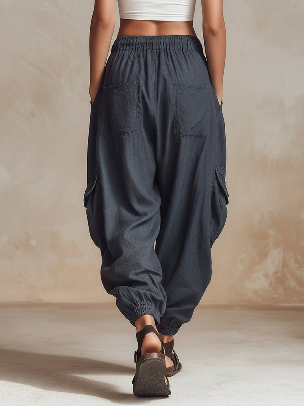 Lightweight Cargo Harem Pants With Drawstring Waist