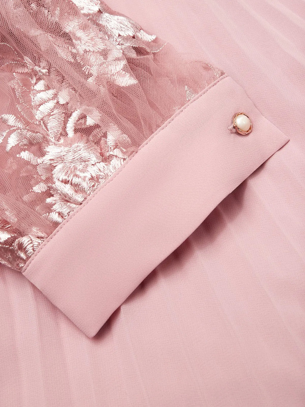 Pink Pleated Lace V Neck A-Line Midi Chiffon Dress