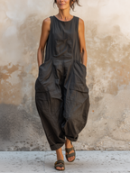 Dark Gray Cotton Sleeveless Oversized Harem Jumpsuit
