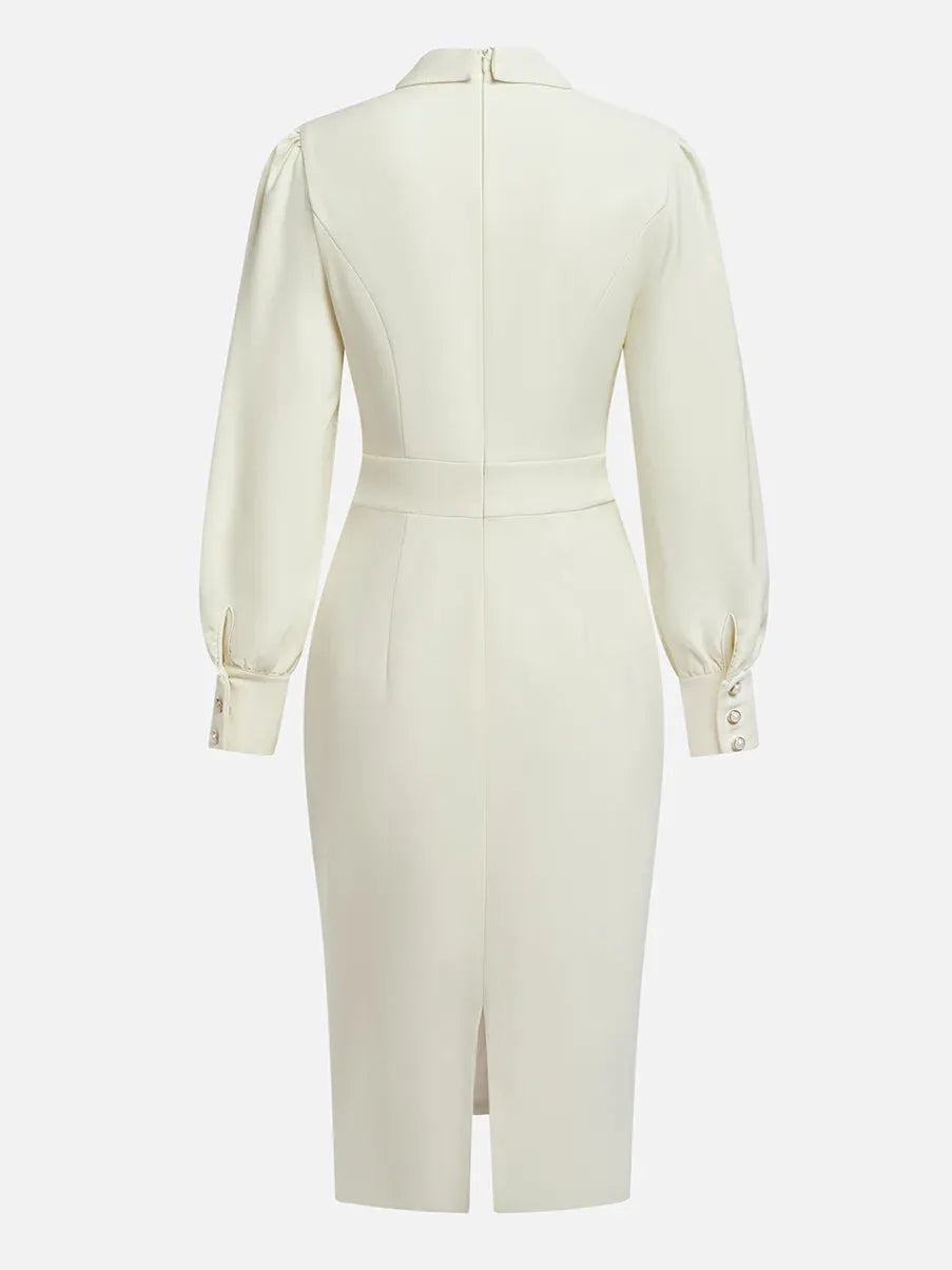 Off White Bow Classic Crew Neck Long Sleeve Sheath Midi Dress