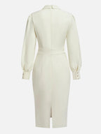Off White Bow Classic Crew Neck Long Sleeve Sheath Midi Dress