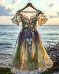 Summer Vacation Bohemian Hand Embroidered Lace Chiffon Dress a9a4