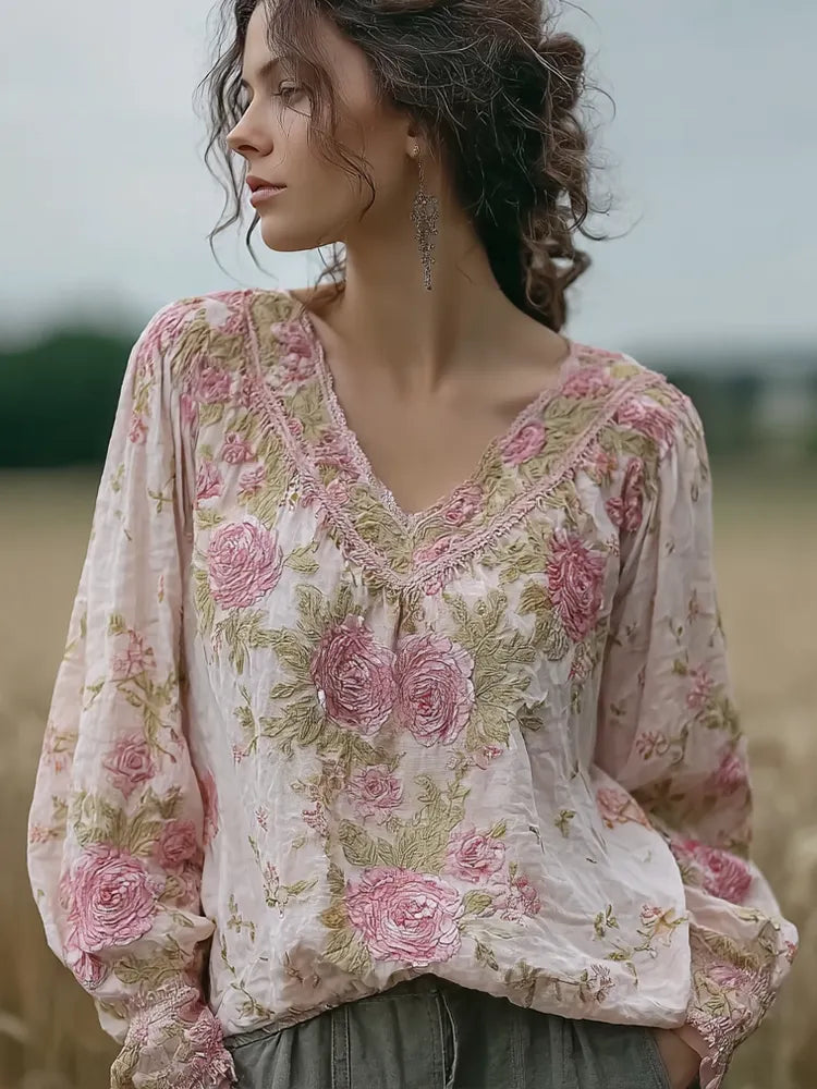 Bohemian Retro Countryside Style Plant Flower Design Cotton And Linen Women's Long-sleeve Shirt