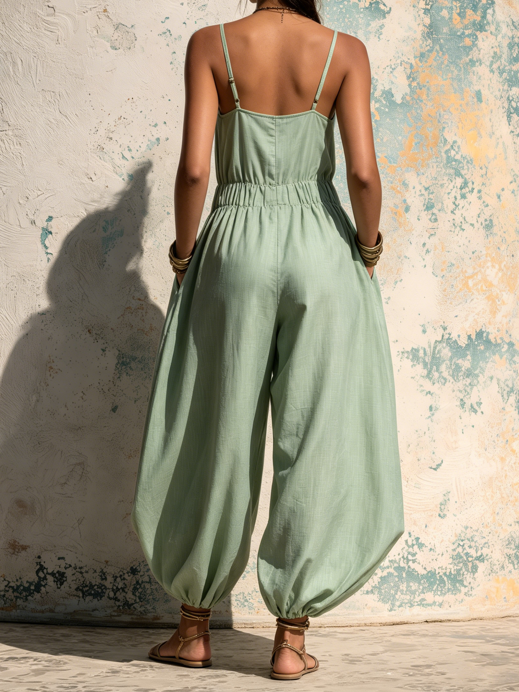 Sage Green Linen Blend Harem Jumpsuit | Casual Wide Leg Overall With Pockets
