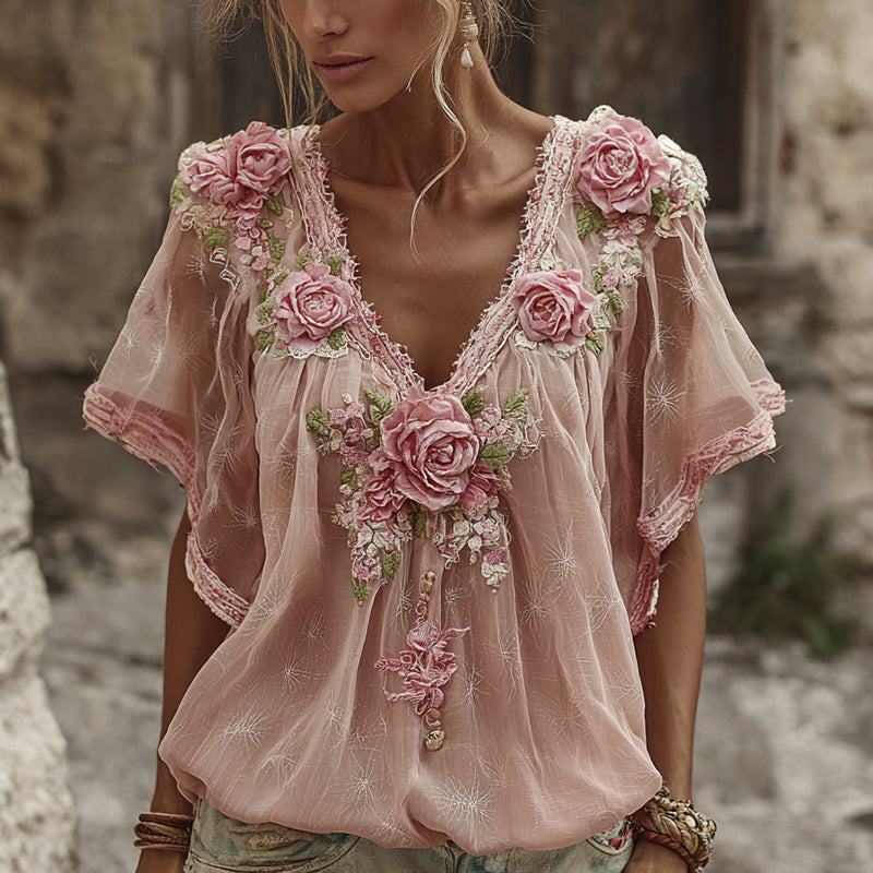 Women's Retro Floral Embroidered Art Flowy Linen Blend Short Sleeve Casual Tops