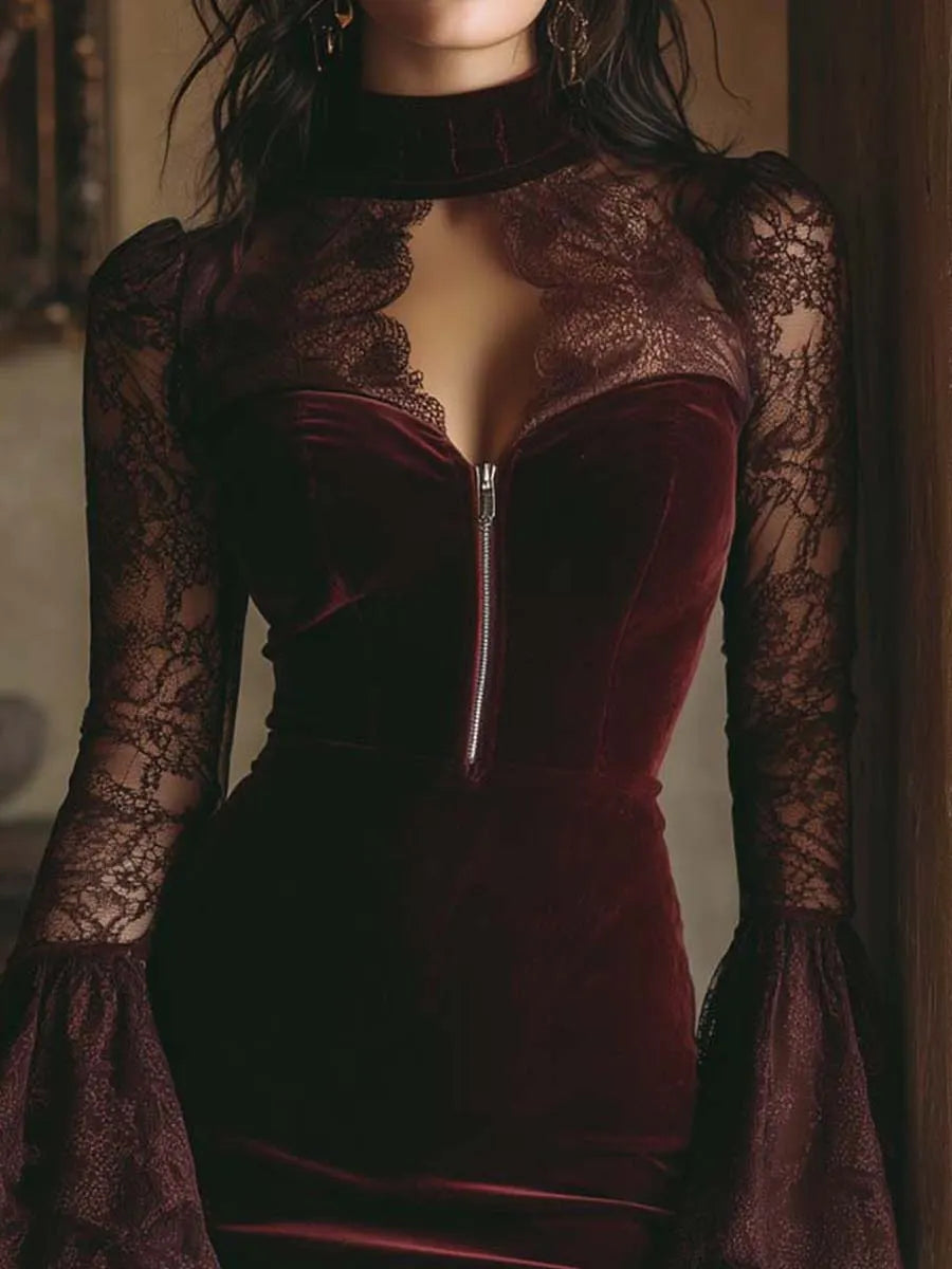Velvet & Lace Bodycon Mini Dress In Burgundy