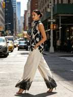 Black & White Ikat Print Pleated Sleeveless Top & Dip-Dye Wide-Leg Pants Set