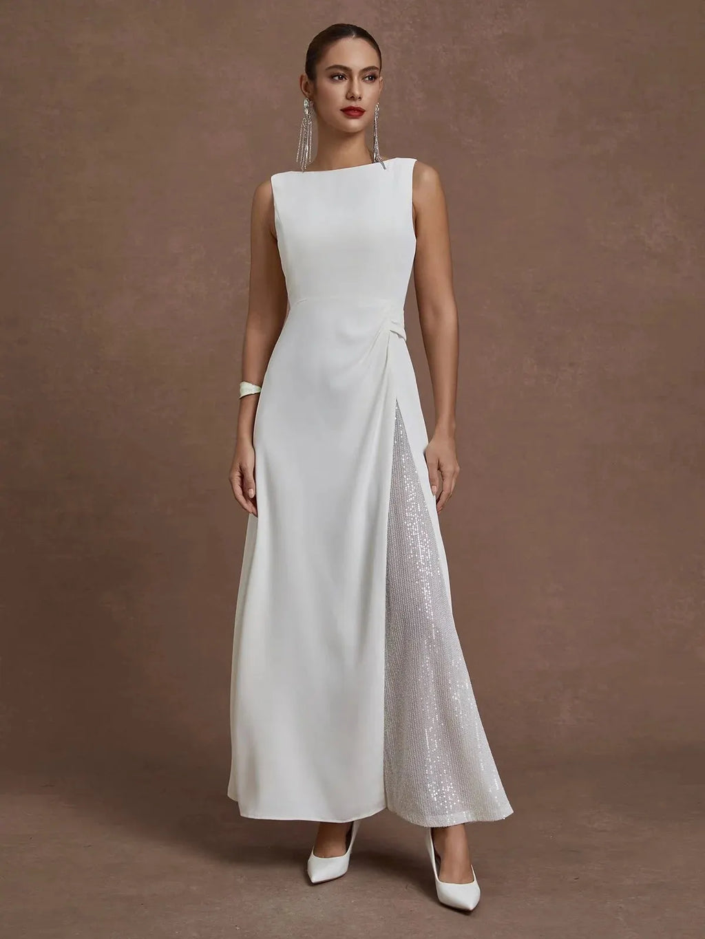 White Sequin Classic Boat Neck Sleeveless A-Line Maxi Dress
