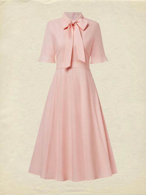 Midi Linen Dress , Half Sleeve, Round Neck, Plain, Bow, French Vintage, Light Pink