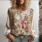 Bohème Lily Plant Printed Cotton Linen Round Neck Long Sleeve Top