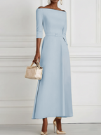 Purplish Blue Classic Off The Shoulder Half Sleeve A-Line Maxi Dress
