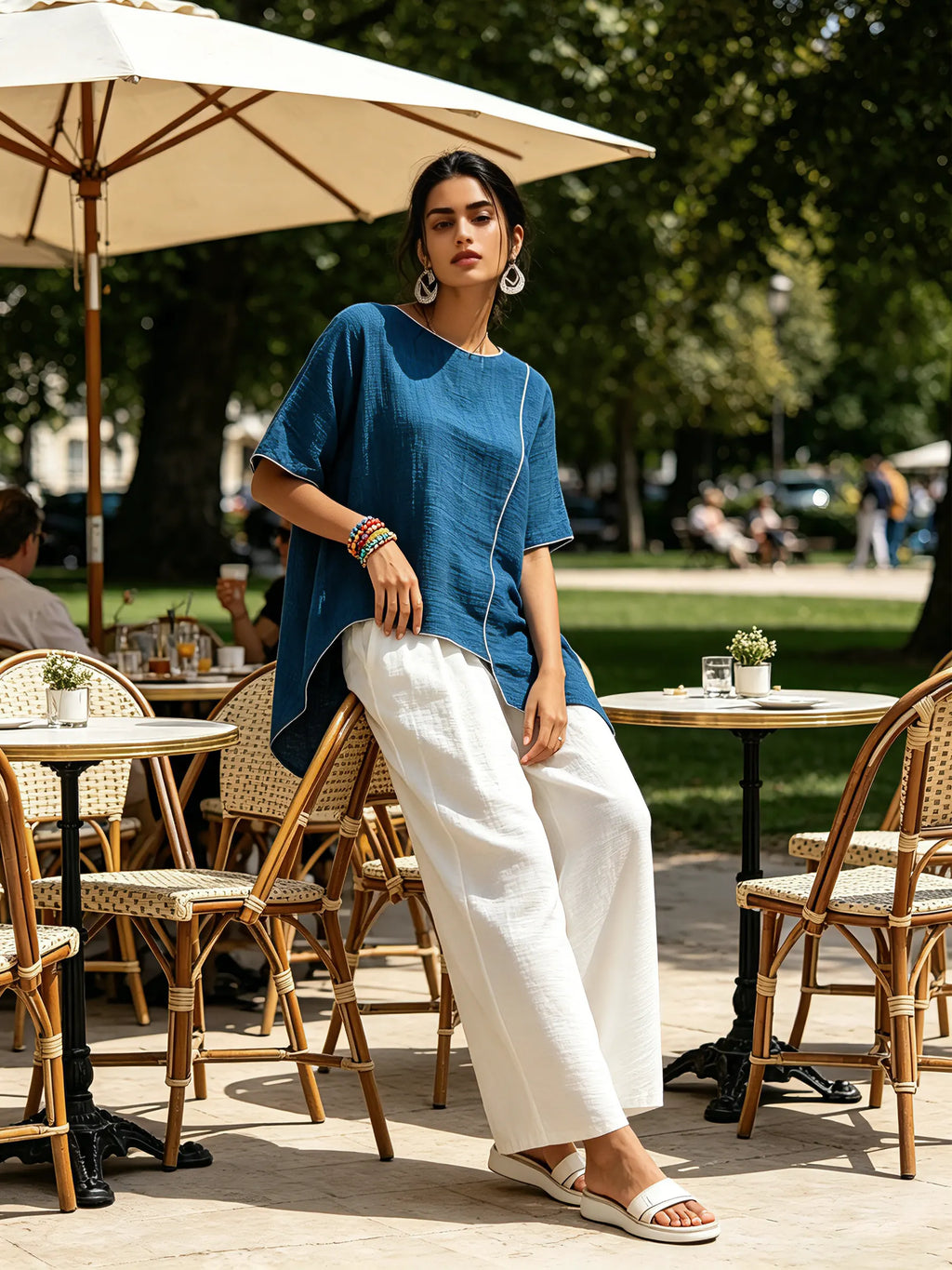Blue Asymmetrical Top & White Wide-Leg Pants Two-Piece Set