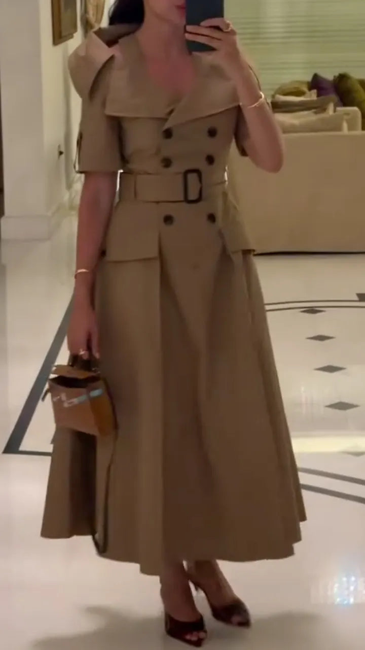 Khaki Trench‑Style Midi Dress