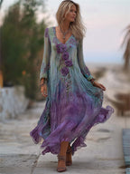 Boho Purple Roses Gradient Flowy Maxi Dress