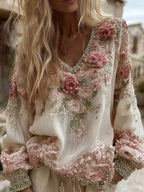 Women's Vintage Roses Embroidery Art V-neck Linen Blend T-shirt