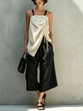 Beige Ruched Drawstring Cami & Black Wide-Leg Culottes Set