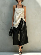 Beige Ruched Drawstring Cami & Black Wide-Leg Culottes Set