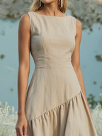 Maxi Cotton Dress , Sleeveless, Round Neck, Plain, Ruffles, French Vintage, Blue