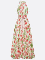 Pink Floral Chiffon Halter Sleeveless A-Line Maxi Dress