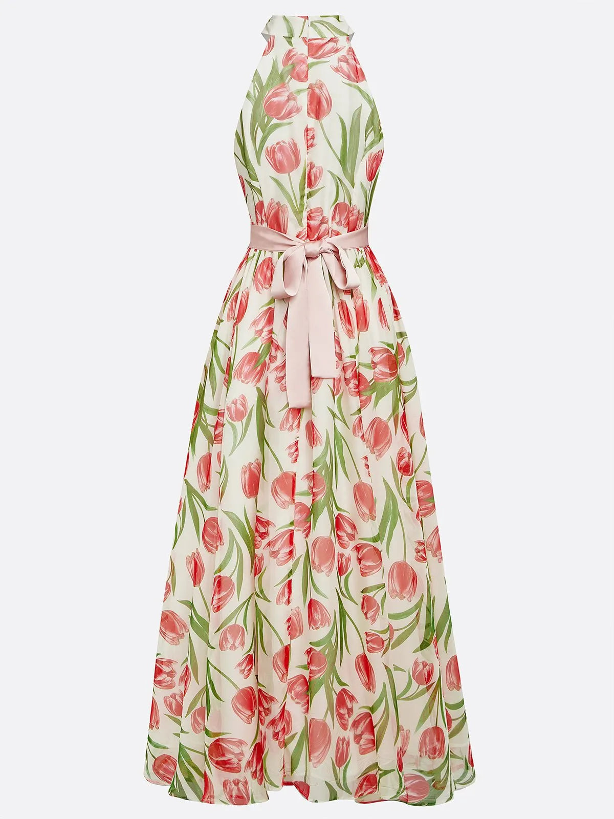 Pink Floral Chiffon Halter Sleeveless A-Line Maxi Dress