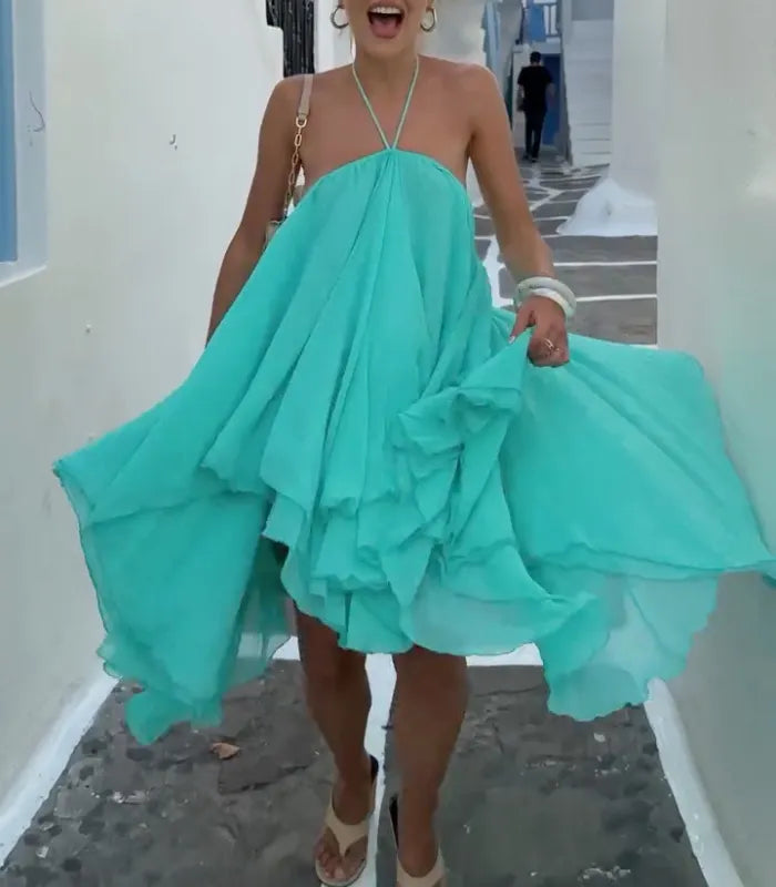 Turquoise Halter Flowy Ruffle Mini Chiffon Dress
