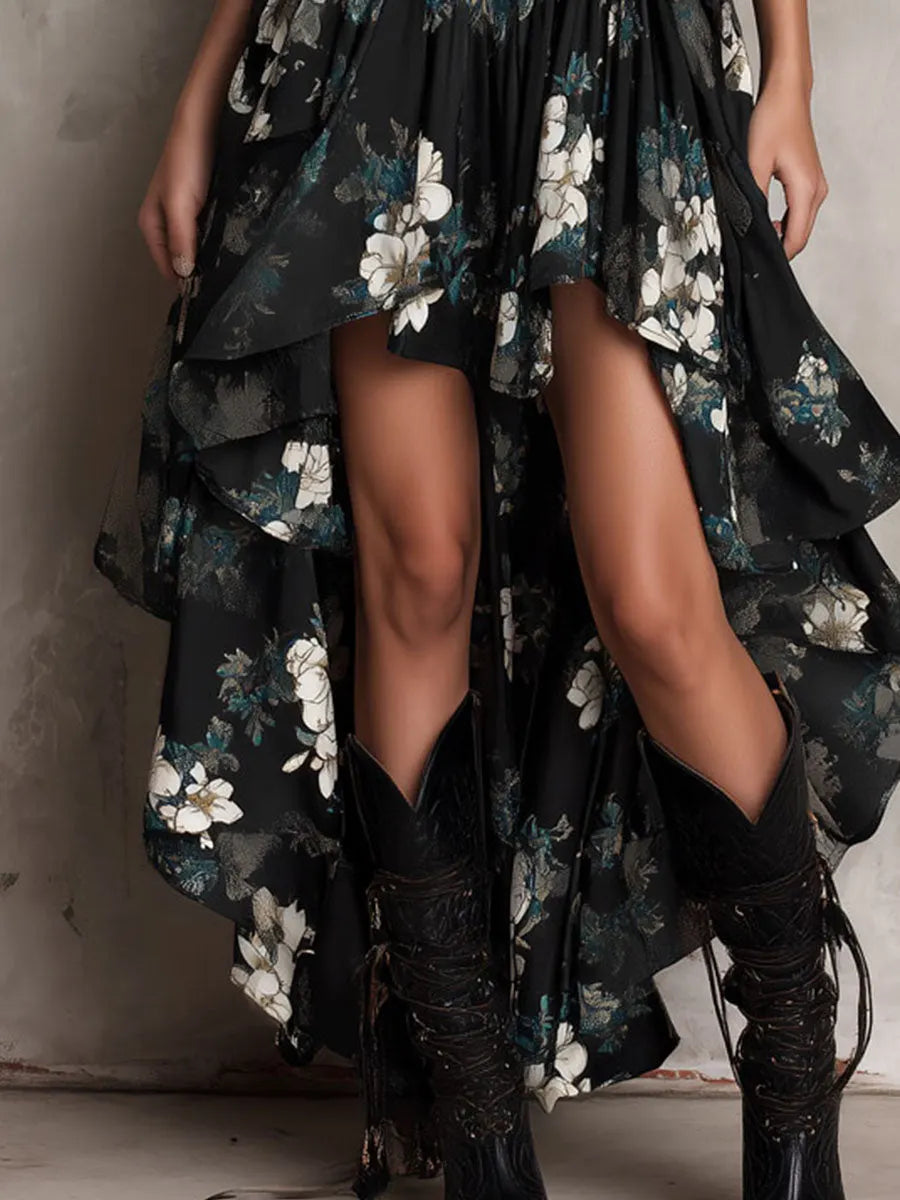 Boho Floral Print High-Low Ruffled Midi Dress