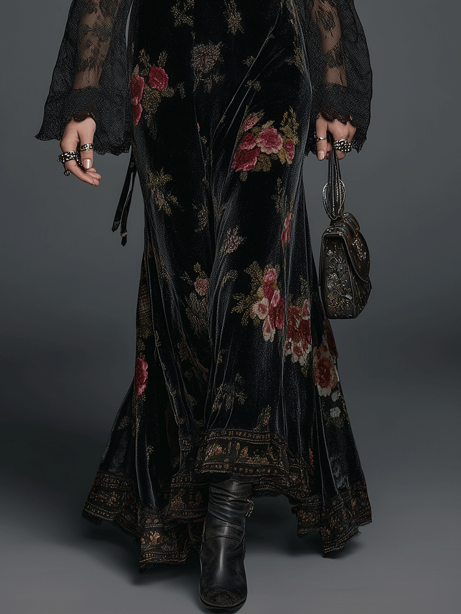Vintage Black Velvet Floral Lace Sleeve Maxi Dress