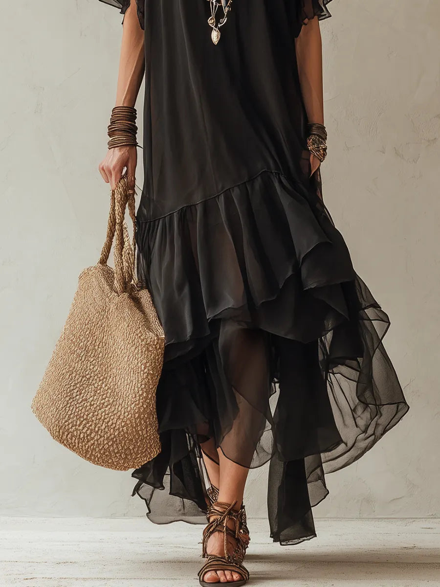 Black Chiffon Long Skirt With Irregular Ruffles
